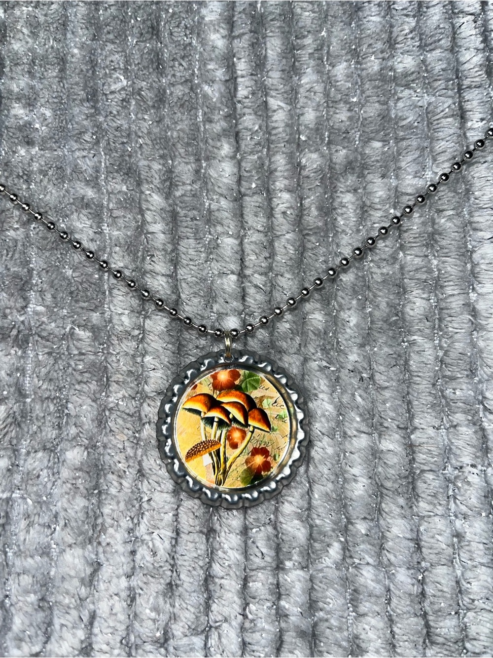 Handmade Yellow Floral Bottle Cap Pendant Necklace mushroom